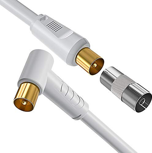 Cavo Coassiale Antenna TV da 0,5 m Maschio a Maschio, Angolo Retto per Antenna TV RF, Connettori Coassiali Placcati in oro, per Sky/SkyHD, Virgin, BT, TV, VCR o Lettori DVD con Accoppiatore