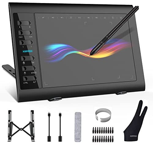 XOPPOX Grafik-Zeichentablett 10 x 6 Zoll großer aktiver Bereich mit 8192 Stufen batteriefreiem Stift und 12 Hotkeys, kompatibel mit PC/Mac/Android OS für Malen, Design & Online-Unterricht, Schwarz