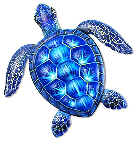 30,5 cm große Schildkröten-Wanddekoration, Meeresschildkröte, Ozean, hängende Skulptur, Metall, Meeresleben-Thema, Wanddekoration für Badezimmer, Schlafzimmer, Schwimmbad (blau)