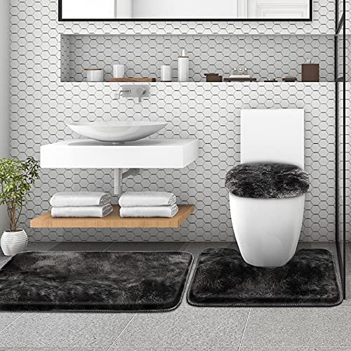 Badezimmerteppich Set 3 teilig, rutschfest Waschbar Badvorleger Set, Kunstfell Flauschige Hochflor Saugfähig Badematte Badteppich Set mit Deckel für Toilettendeckel, 50x80cm+50x50cm+38x47cm Schwarz)
