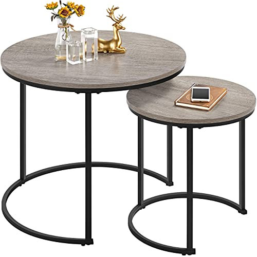 Yaheetech Juego de 2 Mesa de Centro Redonda Anidable con Patas de Metal Set 2 Mesa de Centro Nido Maderna de Café Rustica para Salón Mesa Auxiliar 60x60x50,5cm Gris