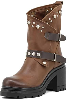 QUEEN HELENA Stivaletti Bassi Stivali di Pelle con Tacco Plateau Borchiati con Fibbia di Pelle Donna QH21-S-80 (Bronzo, Numeric_38)