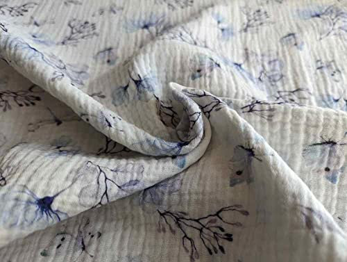 Gauze, Musselin Stoff - Baumwoll Blumen Blau Weiß als Meterware, 50 cm