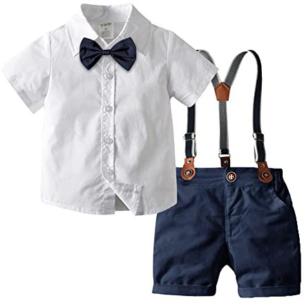 Baby Anzug Junge Hochzeit Kinder Festlich Kleidung Kurzarm Hemd+Fliege+Hosenträger+Shorts 4tlg Sommer Bekleidungssets Taufkleidung Taufanzug 1 geburtstag Outfit Dunkelblau Kurz 2-3 Jahre