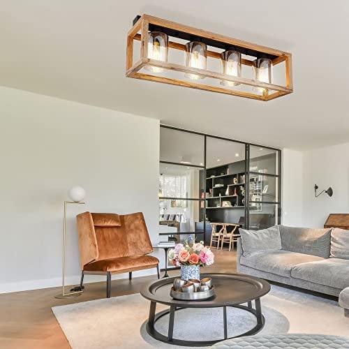 etc-shop Deckenlampe Esstisch Retro Deckenleuchte rustikal Landhaus Deckenlampe Wohnzimmer Holz, MDF Glas rauch Metall, 4 Flammig E27, LxBxH 74,5x20x22,5 cm
