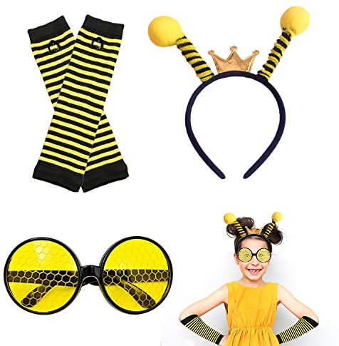 3-teiliges Bienen-Kostümzubehör, Bienen-Antennen-Stirnband, Bienen-Sonnenbrille, schwarz-gelb gestreifter Armschutz, Handgelenkschutz für Jungen, Mädchen, Halloween, Bienenparty, Cosplay