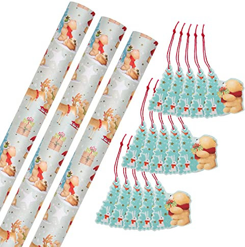Hallmark Forever Friends Weihnachts-Geschenkpapier und Geschenkanhänger, 3 Rollen Papier in 1 Design mit 3 Packungen mit je 5 Geschenkanhängern