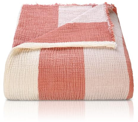 BOHORIA® Musselin Kuscheldecke (warm 4-lagig) „Linea“ extra groß 230x230cm | 100% Baumwolle | Überwurf für Sofa, Sessel & Bett | Kuscheldecke Sofadecke Wohndecke (230x230cm, Linea) (Peach)