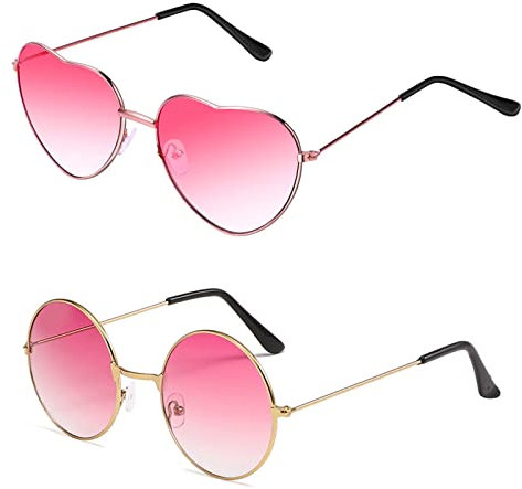 2pcs Herz Sonnenbrille Rund Hippie Gläser Herzchen Sonnenbrille Neon Brille Vintage Brille Retro Partybrillen Rosa Kostüm Accessoires für Karneval Party Foto Requisiten Herren Damen 70er 80er Jahre