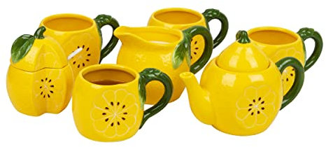 Maison Sucasa Service à thé au citron 7 pièces comprenant une théière, un crémier, un sucrier et une cuillère et 4 tasses, lot de 7, jaune