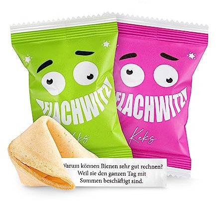 Glückskekse Flachwitze 30er Packung grün und pink | Glückskekse lustige Flachwitze für Kinder und Erwachsene zur Party, Geburtstag, Candybar, Geschenk | Kekse frisch gebacken vegan & made in Germany