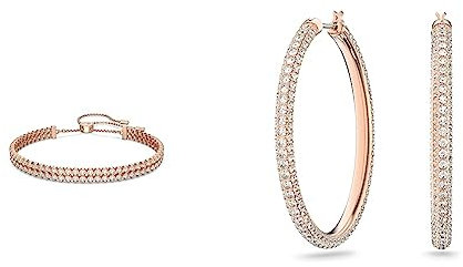 Swarovski Subtle Bracciale Morbido, Placcato in Tonalità Oro Rosa con Doppia Fila di CristalliSwarovski dal Taglio Arrotondato, M, Bianco & Orecchini a cerchio Stone, Rosa, Placcato color oro Rosa