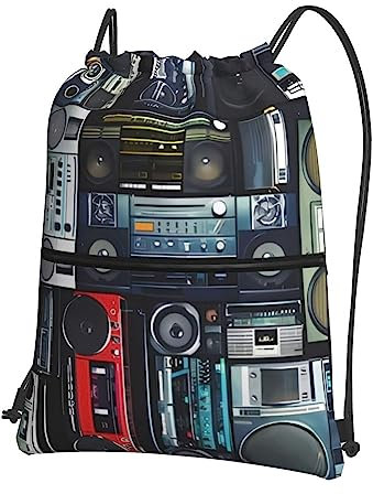 Vintage Wall of Radio Boombox Rucksack mit Kordelzug, wasserdicht, für Fitnessstudio, Sport, Yoga, Schwarz , One size