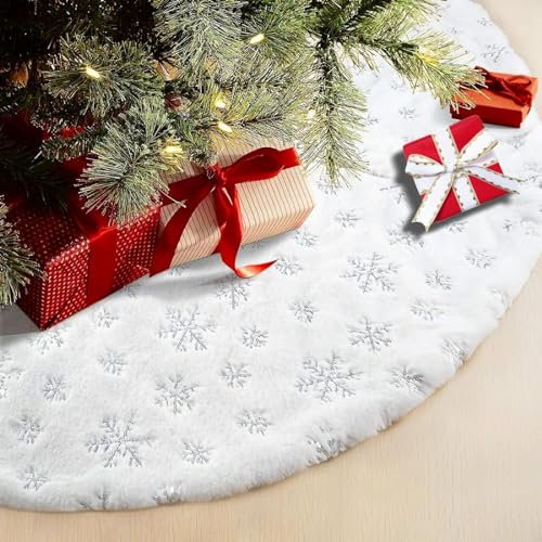 CaiTang 90cm Gonna per Albero di Natale, Tappeto per Albero di Natale con Argento Ricamo Fiocchi di Neve, Tappetino per Copertura Base, Bianca Finta Pelliccia Tappeto Gonne per Alberi di Natale
