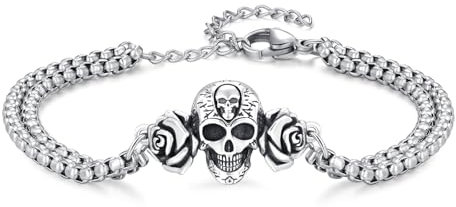 REDSUN Totenkopf Armband 925 Sterling Silber Totenkopf Rose ArmbandGotik Punk Schädel Skull Armkette Weihnachten Geschenk für Goth-Liebhaber Damen Herren