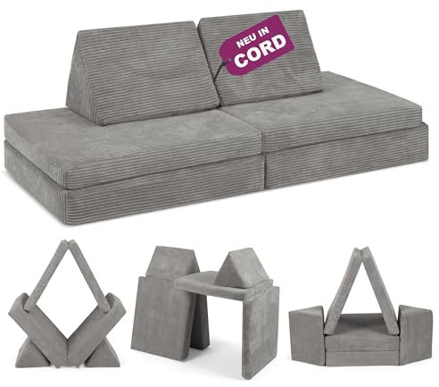 Linodino® Spielsofa Cord - Kindersofa | Schaumstoff Bausteine - Kinder Sofa für einen aufregenden Indoor Spielplatz | Kindercouch als Kuschelecke im Kinderzimmer | Mit Schlaffunktion | Elefanten Grau