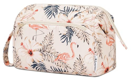 Narwey Kulturtasche Damen Kulturbeutel Kosmetiktasche Schminktasche Reise Make-up-Tasche mit Weit Offener Tasche für Damen Frauen(Beige Flamingo)