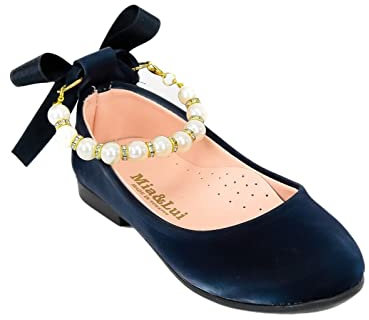 SIRRI Blumenmädchen Flache Perlen-Knöchelriemen-Kleiderschuhe Kommunion Hochzeit Formelle runde Zehenschuhe Größe 32
