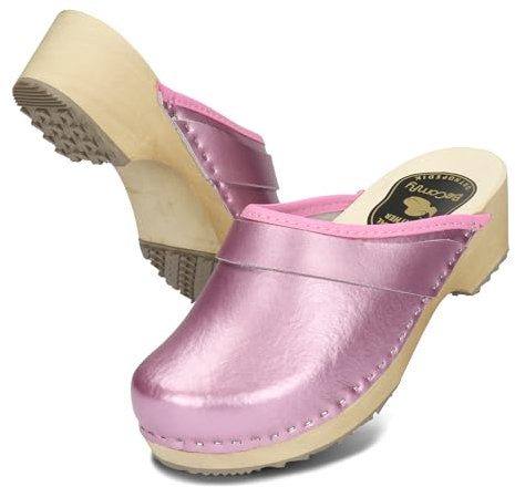 BeComfy Sabots en Cuir pour Femme Mules à Talons en Bois Métallique Or Argent Rouge 35 36 37 38 39 40 41 EU (Rose, Système Taille Chaussures EU, Adulte, Numérique, Large, 41)