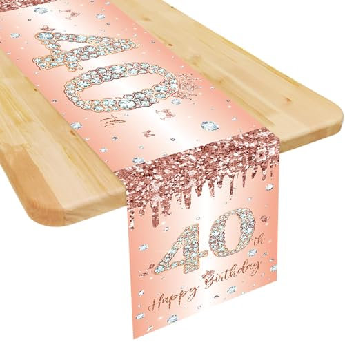Tischläufer 40 Geburtstag Roségold Happy 40th Birthday Tischband zum 40. Geburtstag Frau Frauen Ihr Geburtstag Jahrestag Feier Party Dinner Tisch Leinen Tischdecke Deko für Zuhause, 180x35 cm Lang