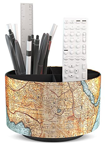 Czzmy Rund Stiftehalter,Leder,360° drehbar,Fernbedienungshalter, drehbarer Nachttisch, TV-Fernbedienung, Schreibtisch-Organizer für Stifte, Bürobedarf, Aufbewahrungsbox(1-Vintage Karte)