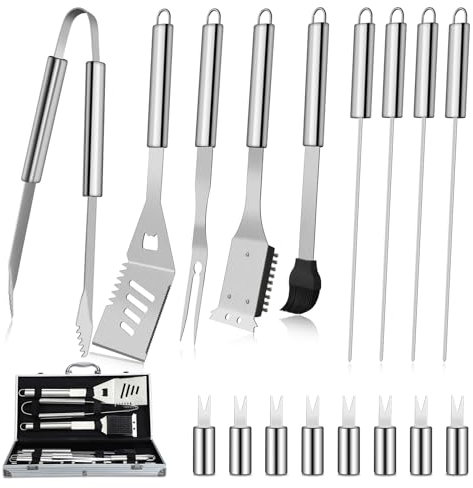 DRAGON RIOT Grillbesteck Set aus Edelstahl, 18 Stücke Grillset für Männer Geschenk, Premium Grillzubehör Set mit Spatel im Alukoffer, BBQ Grillbesteck Koffer Hochwertiger Grill Set für Garten, Camping