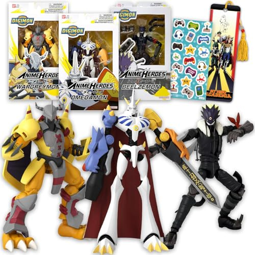 Digimon Actionfiguren-Set – Digimon Actionfiguren-Set mit 3 Anime-Helden-Figuren Beelzemon, Omegamon, Wargreymon plus Aufklebern | Minifiguren für Kinder