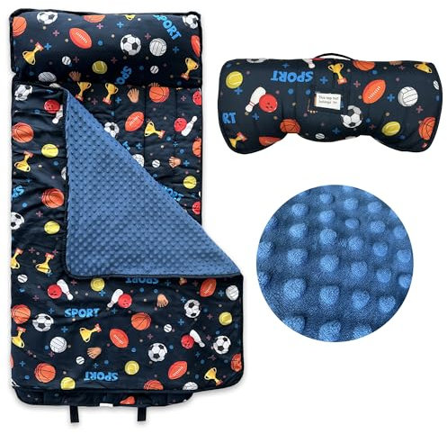 Googgoing Tappetino per pisolino per bambini con cuscino rimovibile e coperta in Minky arrotolabile, sacco a pelo per bambini, morbido e confortevole, per viaggi, campeggio, asilo nido