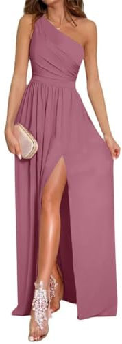 Abito lungo da donna, monospalla con spacco alto, senza maniche, increspato, sexy, da cocktail, Rosa antico tinta unita, 52 Più