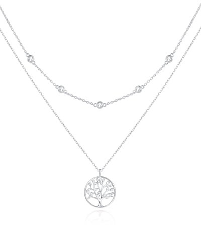 FANCIME Layered Kette Damen mit Lebensbaum Anhänger, 14K Weißgold Vergoldet Personalisierte Zarte Mehrreihige Halskette, 925 Sterling Silber Halskette Schmuck für Damen Mädchen
