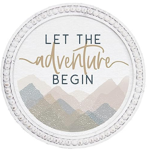 Cartello in legno con scritta Let the Adventure begle (lingua italiana non garantita) – Boho Mountain Landscape Wall Art – Cartello rotondo in legno – Camping Adventure – Wedding Adventure – Targa