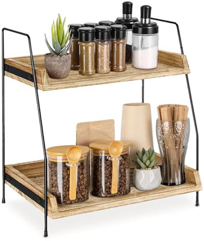 Kaffeebar Zubehör Organizer, Küchenregal Arbeitsplatte Coffee Bar Organizer, Kaffee Organizer, Regal Küche Arbeitsplatte, 2-stöckige Kaffee Caddy für Kaffee-Ecke, Küche, Zuhause, Büro - Braun