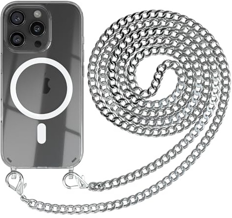 EAZY CASE - Handykette kompatibel mit iPhone 16 Pro Kette zum Umhängen Stoßfest Handyhülle für Apple iPhone 16 Pro Silikon Hülle mit Band Handytasche Transparent als Fallschutz in Metall - Silber