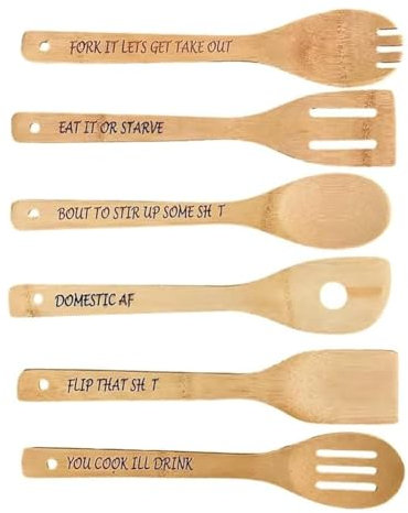Yokomu Funny Wooden Spoon Set, 6Pcs Wooden Cooking Spoons, Engraved Wooden Coffee Spoon with Funny Sayings B