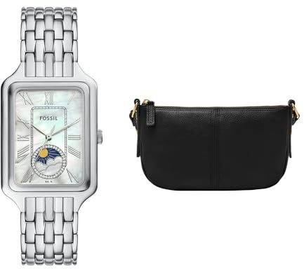 Fossil Damen Raquel Silberfarbene Edelstahl Uhr und Jolie Tasche Schwarz, Set