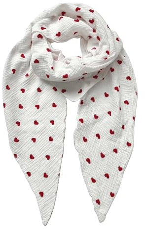 FASHION YOU WANT Musselin Tuch mit Herzen Dreieck HERZ1 Damen Halstuch Herzmuster Made in Italy 195x72cm Frühling Sommer Weich Leicht kuscheliger Baumwolle Schal (weiß/rot)