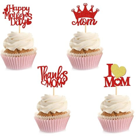 Zpilkes 24PCS Best Mom Happy Mother's Day Cupcake Toppers Glitter I Love Mom Thanks Mom Cake Decorations for Mother's Day Party Love Mom Theme Party Supplies Red