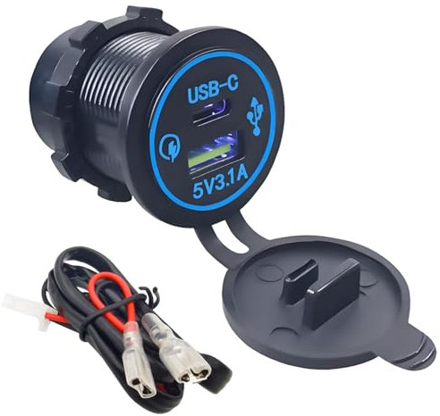 CESFONJER Cargador USB para Coche, Toma de Corriente con Cable de conexión, 2 Puertos Impermeables Tipo C + QCPD LED Azul 3.1A Carga rápida, para Varios Tipos de Coches de 12 V-24 V