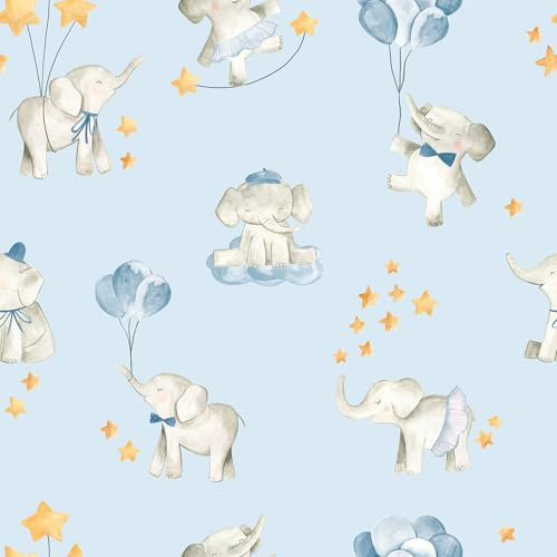 VaryFloral Blue Elephant Self Adhesive Wallpaper 30.5cmx300cm Childish Sticky Back Plastic Kids Wall Stickers Cute Vinyl Wrap for Furniture Waterproof Removable Wall Decals for Kids Room Cabinets