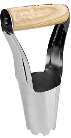 Berry&Bird Stainless Steel Bulb Planter with 4in/10cm Depth Mark, Ergonomic Short Wooden Handle Gardening Tool for Planting Tulips, Daffodils, Lilies, Dahlias, and Other Bulb Plants