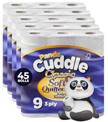 Panda Cuddle 3‑Ply Quilted Toilet Paper – Luxuriously Soft, Gentle and Hypoallergenic Sustainable Toilet Rolls- Family Value Pack of 45 Rolls, FSC‑Certified Gentle Bulk Bathroom Tissue, Unscented