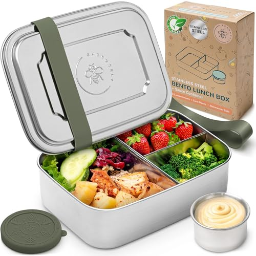 Everusely - Caja Bento - Salvia - 1,4 l - Fiambrera de acero inoxidable con recipiente a prueba de fugas para condimentos - Recipiente para aperitivos con 3 compartimentos