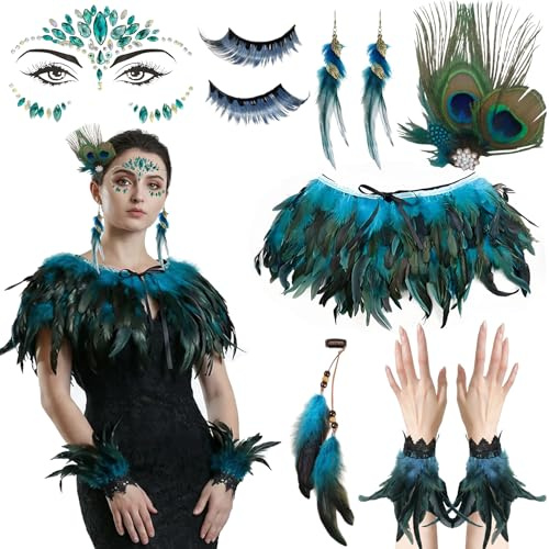 YeahBoom Pfau Kostüm Damen,Pfauenfeder Haarspangen,mit Wimpern Pfau und Pfau Haarschmuck,Feder Manschetten Hand,Pfau Kostüm Accessoires,Für Karneval Fasching Halloween Mottoparty Cosplay