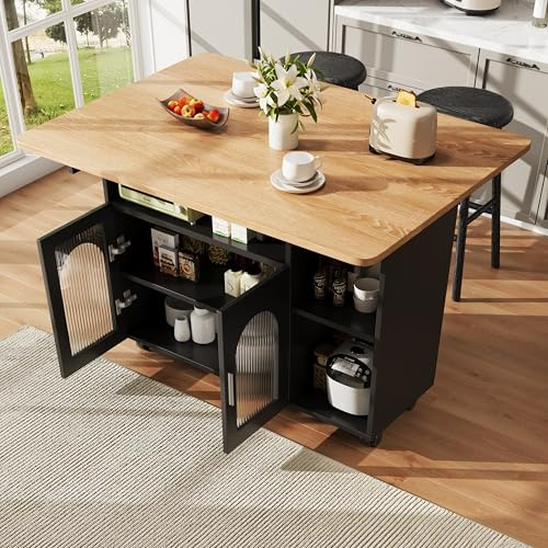 Carrito de cocina con ruedas, isla de cocina con 2 encimeras plegables, armario de cocina con 3 estantes, 2 puertas con ventana de cristal, 120 x 30 (70) x 79,5 cm, color negro