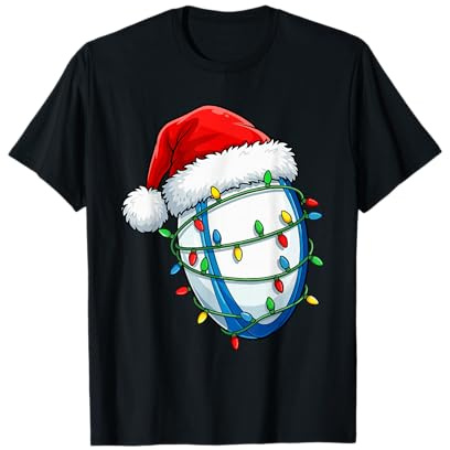 Weihnachten Rugby Ball Santa Mütze Lichterkette T-Shirt