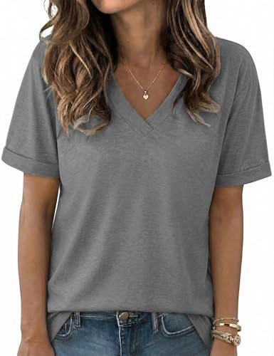 Aottori Camiseta Mujer Manga Corta para Verano Cuello V Elástica y Flexible | Ajuste Suelto, Tejido Elástico, Tejido Ligero, Estilo Casual, Estilo Elegante, Diseño Pullover