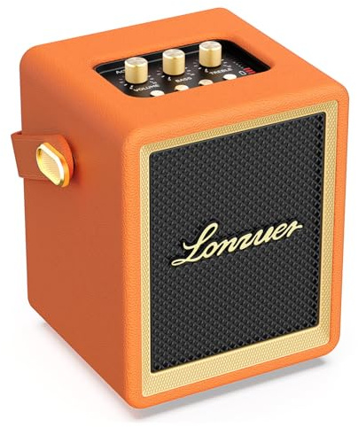 Lonzuer Enceinte Bluetooth Portable en Bois avec poignée, Petite Enceinte Portable avec Batterie de 5 000 mAh, Haut-parleurs Bluetooth sans Fil pour Campagne intérieure et extérieure (Orange)