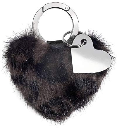 Schlüsselanhänger, herzförmiger Korpus, Kunstfell, braun/schwarz, mit neuartigem Karabiner-Ring, separater Schlüsselring mit Metallherz für Lasergravur, in REFLECTS Geschenkverpackung