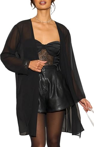 likemary Long Sheer Cardigans for Women UK - Elegant Chiffon Kimono Cover Ups - Ladies Lightweight Duster Jackets Open Front - Black XL
