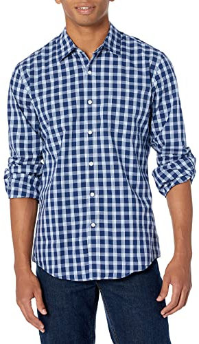 Amazon Essentials Camisa de Popelín de Manga Larga y Ajuste Entallado Hombre, Azul Marino Blanco Cuadros Escoceses, XL